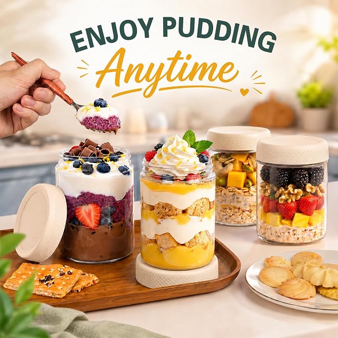 16 oz Overnight Oats Containers with Lids, Yogurt Containers with Lids | 6 Pack Glass Storage Containers with Lids, Wide Mouth Mason Jars, Glass Jars with Airtight Lids for Yogurt, Chia Seed, Prep