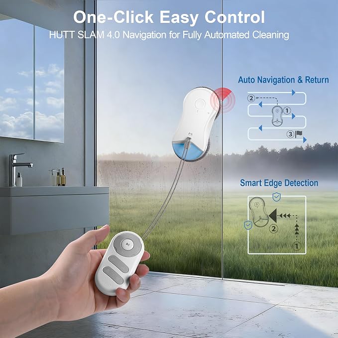 HUTT S55 Pro Window Cleaning Robot, 3D Floating Pads, Up to 6500Pa Suction, HydroJet Pump Spray, SLAM 4.0 Navigation, 80ml Water Tank, 6 x Cloths,Perfect for High-Rise Windows, Tiles and Glass