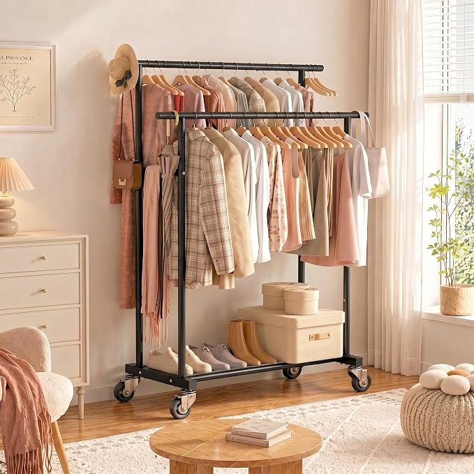 Calmootey Rolling Garment Rack with 2 Rods, Clothes Organizer for Bedroom | High-Low Rods, Two Lockable Wheels, Sturdy Metal Frame, Space-Saving, Fits Laundry, Living Room, Black