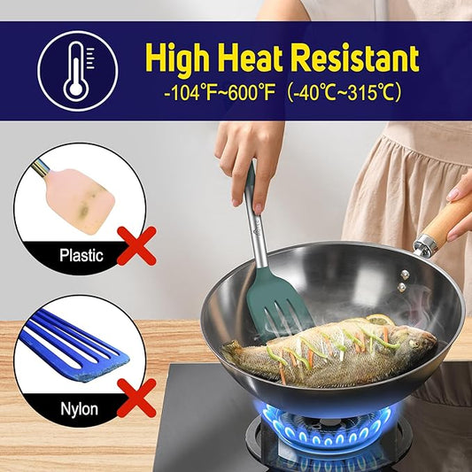 HOTEC Silicone Spatula Set of 2 Heat-Resistant 600°F & BPA-Free Kitchen SaptulaTurner with Stainless Steel Handles, Slotted & Solid Spatulas for Nonstick Cookware, 13.7 Inch, Sage Green