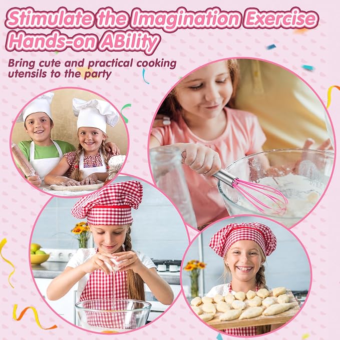 RoundFunny 48 Pcs Kids Mini Baking Supplies with Kitchen Utensil, Pot Holders, Spatula, Rolling Pin, Whisk for Kids Classroom School Exchange Party Favors (Small)