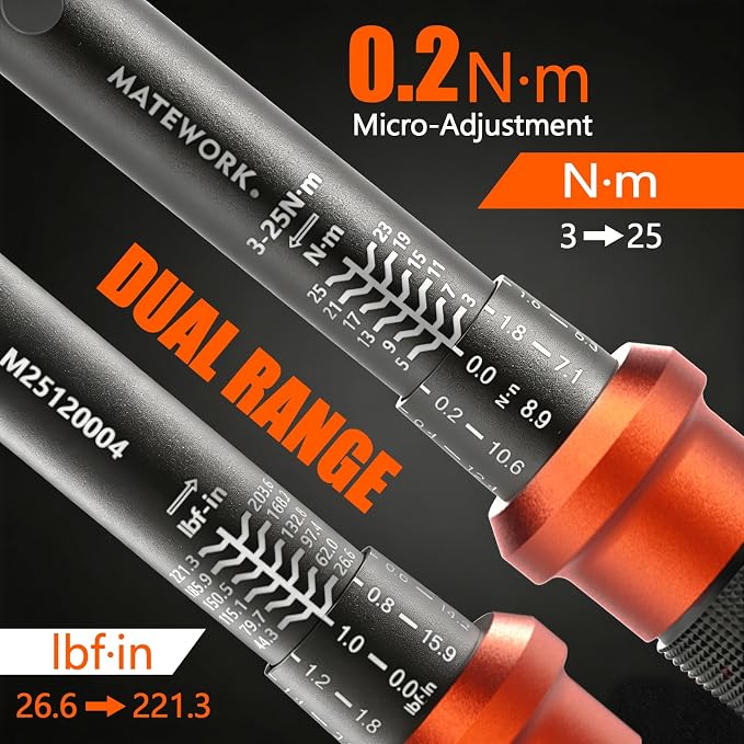 1/4 Torque Wrench, 3-25 Nm/26.6-221.3 in.lb, Mini 1/4" Drive Click Bike Torque Wrench Inch Pounds with 72-Tooth Dual-Direction, Small Bike Tool for Bicycle, MTB Maintenance, ±3% High Precision