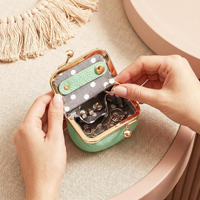Genuine Leather Mini Jewelry Box Portable Vintage-Inspired Leather Small Coin Purse Jewelry Organizer Case Mini Travel Ring Box with Kiss Lock for Women Earring Ring Necklace
