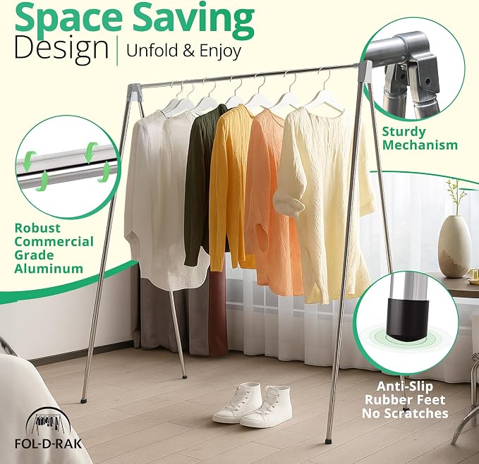 FOL-D-RAK Portable Clothing Rack, Folding Garment Rack with Carry Bag-no Assembly, lightweight 4 LB. Aluminum, 60 LB. Capacity-Travel, Closet, Retail, Trade Show, Dance Recital