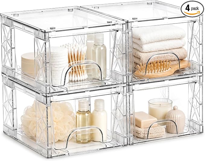 Stackable Storage Drawers 4 Pack 4.4in Clear Medicine Bins Organizer