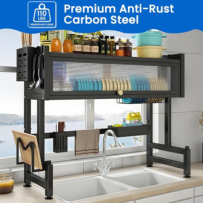 ASIEIT Dish Drying Rack, 3-Tier Over The Sink Dish Drying Rack, 33.5" Over Sink Dish Rack for Small Kitchen, Space-Saving Dish Rack with Cover, Baskets, Utensil, Large Sink Storage Organizer Black