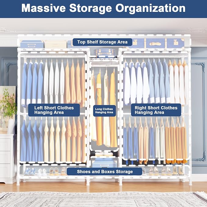 Ulif E12 Pro Clothes Rack，Heavy Duty Freestanding Garment Rack with Shelves，Metal Clothing Closet Storage System for Hanging Clothes，71" W x 16" D x 76.5" H, Hold 960 lbs，White