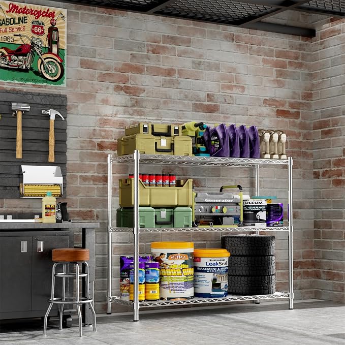 ROOMTEC 3-Tier Wire Shelving Unit,48" W*20" D*47" H,Max Load 1200 lbs | Small Garage Shelves, Heavy Duty Storage Shelf, Adjustable Metal Shelf Rack for Kitchen, Laundry, Pantry, Warehouse, Basement