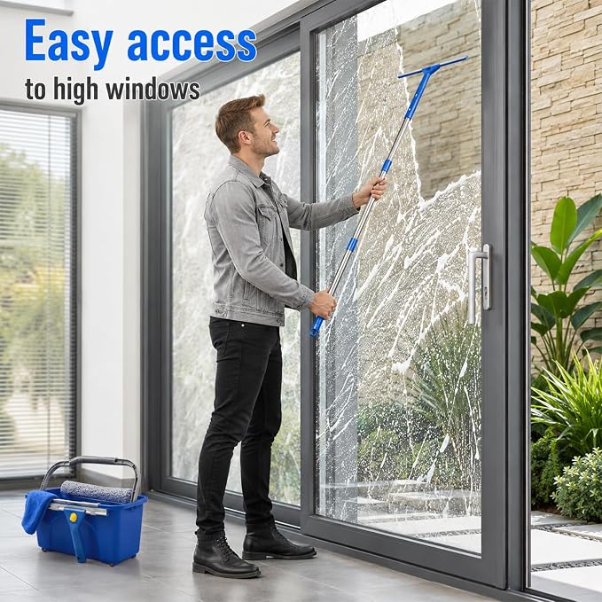 Window Cleaning Kit with Extension Pole Professional Window Washing Kit | with Bucket, 79"Window Squeegee with Microfiber Scrubber Scraper,Window Cleaner Tool for Indoor Outdoor High Windows