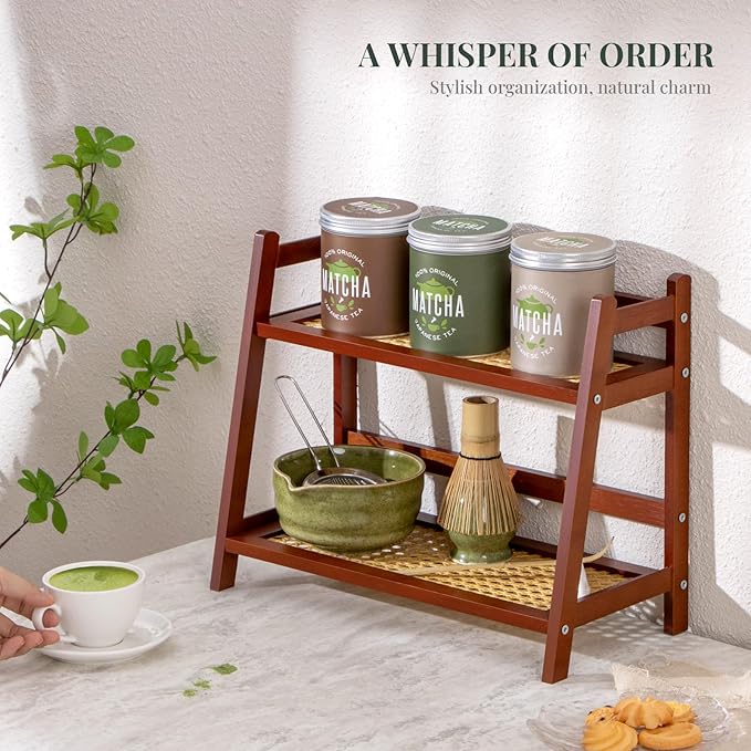 ANBOXIT Matcha Station Organizer, Countertop Bamboo Coffe & Tea Station | Rattan-Look 2 Tier Mug Holder Display Stand for Kitchen Condiment, Coffee Accessories, Home, Office - Brown