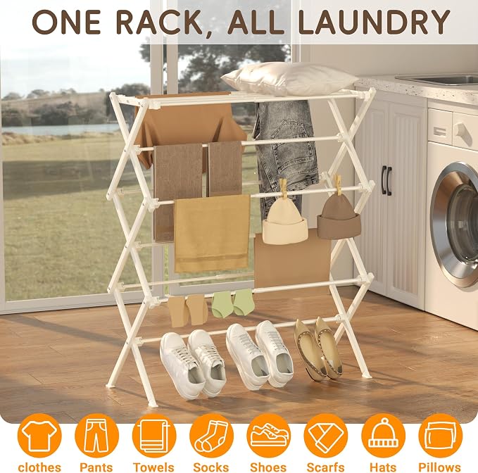 Collapsible Laundry Drying Rack for Small Spaces, White | Folds to 3.9" flat, holds 35 lbs, carbon steel reinforced joints, 19.7"-31.7"W, indoor & outdoor