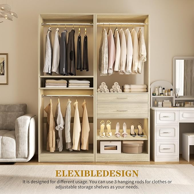 Unikito Closet System Set of 2, 4FT Closet Systems with 2 Wood Drawers, 50" Closet Organizer System with 3 Hanging Rods & 2 Shelves, Heavy Duty Walk-in Closet , White Oak (50" L x 16" W x 80" H)