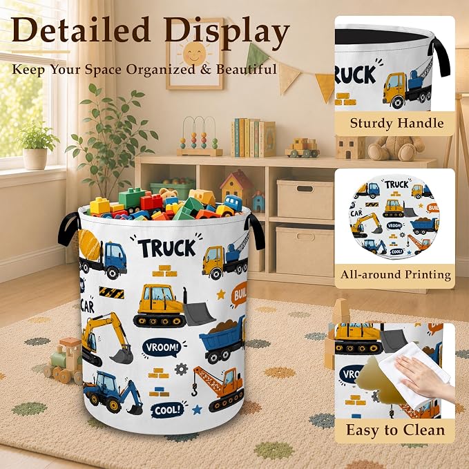 Construction Truck Large Laundry Hamper, Collapsible Oxford Clothes Basket with Handles, Freestanding Dirty Clothes Organizer for Bedroom Bathroom Dorm Laundry Room, 16 x 20.8 Inch