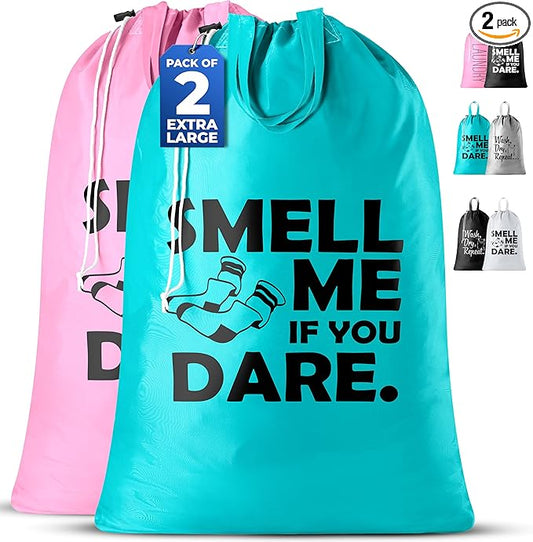 Extra Large Travel Laundry Bag - 2-Pack Fun Print Design Bags for Dirty Clothes - Durable Water-Resistant Fabric - Sturdy Drawstring Closure (Pink-Teal | Smell Me If You Dare)
