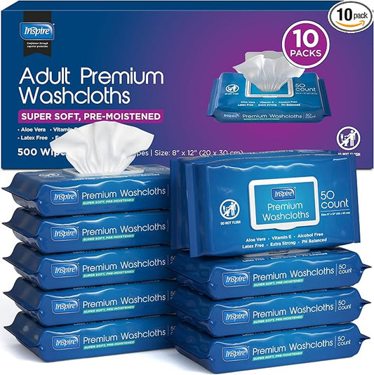 Inspire Adult Wet Wipes, Wash Cloths | Adult Wipes for Incontinence & Cleansing for Elderly, 8"x12" (500CT (10 PACKS OF 50))