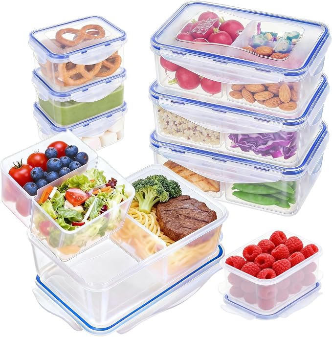 KIGI Lunch Container Set with Small Containers, 3 Compartment Food Storage for Meal Prep & Snacks, Leak-Proof & Airtight lids, BPA-free Plastic, Removable Divided Inserts, Microwave Safe, 24 Piece Set