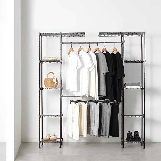 Amazon Basics Expandable Metal Hanging Closet Organizer and Storage Rack Wardrobe with Shelves, 57-80''L x 14''W x 72''H, Bronze
