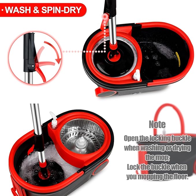 Spin Mop and Bucket with Wringer Set on Wheels, 360° Spinning Mop Bucket System with 3 Microfiber Mop Replacement Heads and 61" Stainless Steel Adjustable Handle for Floor Cleaning