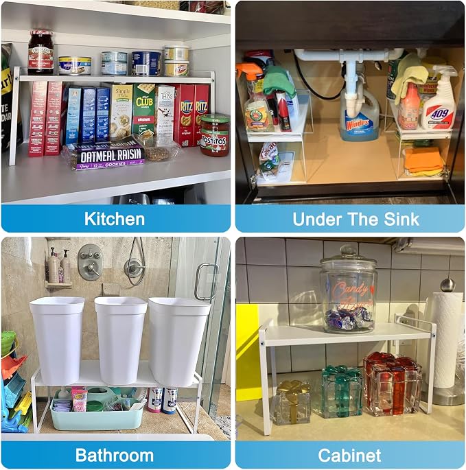 Expandable Shelf for Cabinet, 9" Deep Kitchen Cabinet Organizer, 1 Pack | Adjustable 14-26", Heavy Duty Metal Countertop Riser for Under Sink and Kitchen Cupboard Storage, 55 Lbs Anti-Sag, White
