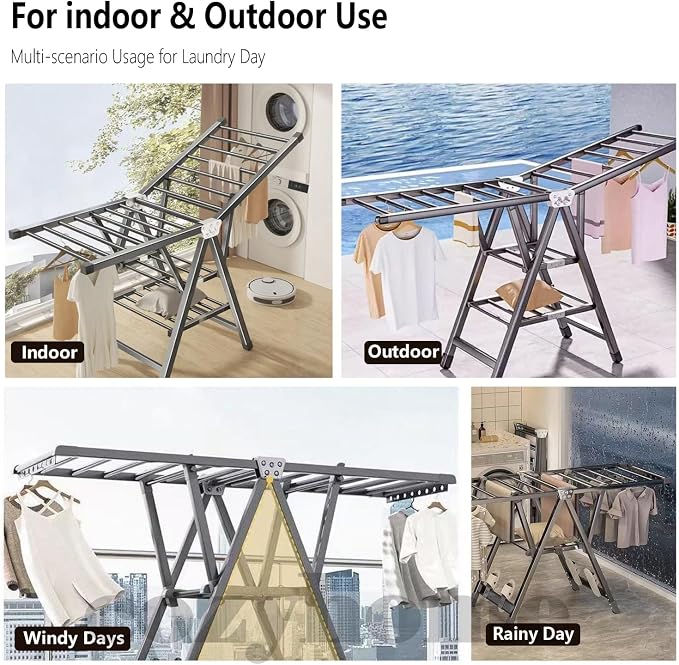71" Foldable Clothes Drying Rack, Heavy Duty Laundry Drying Rack with Wheels, 3-Level Large Standing Clothes Rack, No Assembly Required Rust-Proof Carbon Steel for Indoor/Outdoor