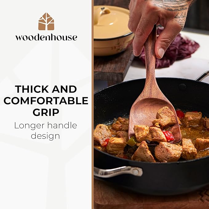 Wooden Spoons for Cooking 13 Pcs – Sturdy & Easy to Clean, Natural Teak Wooden Utensil Set – Non-Scratch Wood Kitchen Utensils Set with Spatula, Ladle, Spoons, Tongs, Whisk, Holder, Spoon Rest & Hooks