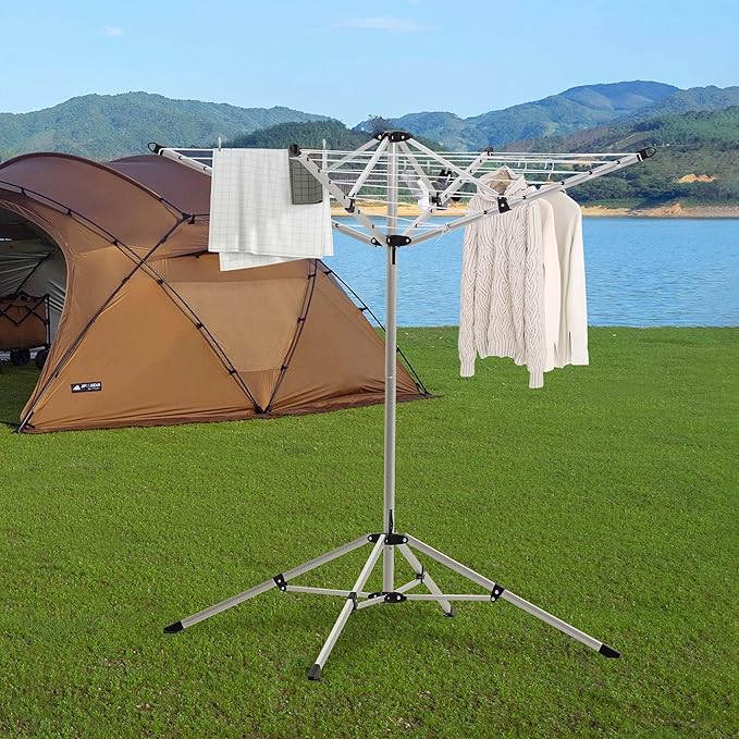 JS Clothes Drying Rack, 65ft Clothesline Freestanding by 3 Legs Collapsible Laundry Rack for Indoor & Outdoor Use, Space-Saving Drying Rack for Bedding & Clothing