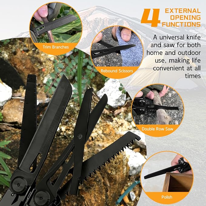 28-in-1 Multitool Pliers with Scissors,Saw, Screwdrivers,Rope Cutters,Can Opener,File,Carrying Pouch,Stainless Steel Pocket Multi-Tool Ideal for Camping Survival Toolkit and Gift for him (Black)