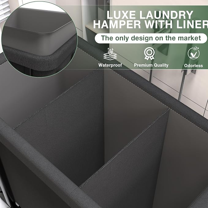 Laundry Basket with Lid,230L Rolling Laundry Hamper with Wheels,Black | Dirty Clothes Hamper with Metal Frame and Removable Bag Design, Suitable for Laundry Room, Bedroom (3 Section)