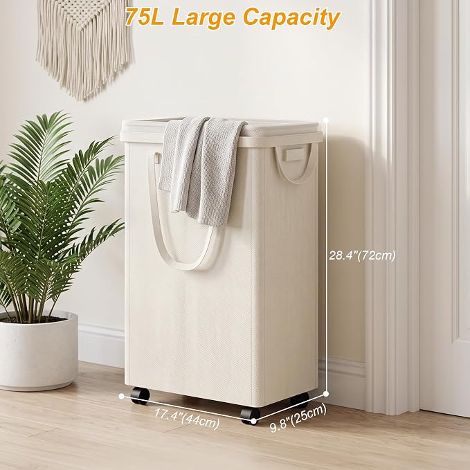efluky Slim Laundry Hamper with Wheels and Removable Bag, Rolling Laundry Basket for Clothes, Small Laundry Basket for Bedroom, Dorm and Laundry Room, 75L (19.8 Gallons) Beige