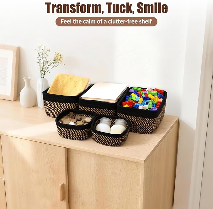 5-Pack Small Woven Rope Storage Baskets – 2 Sizes Organizer Bins for Closet, Shelf, Bookshelf, Nursery, Changing Table, Fabric Cube Boxes, Rectangular Shallow Bins for Bathroom, Toy & Home