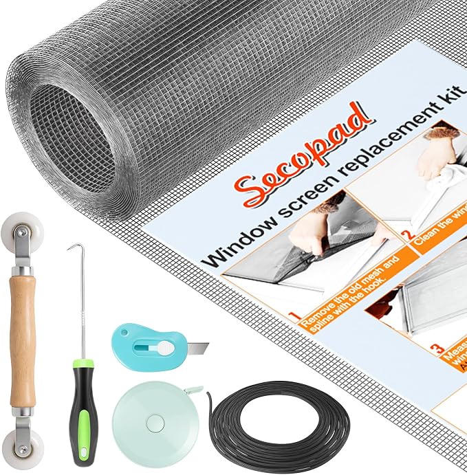 Secopad Window Screen Repair Kit, 48" x 118" Screen Door Mesh Replacement Kit, Durable Fiberglass Roll with Tools for Windows Doors Patio and Porch Replacement, Grey