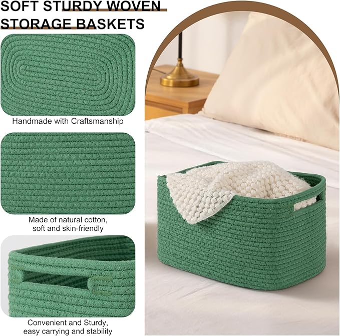 OIASKET Storage Baskets for Organizing, Woven Decorative Baskets for Shelves - Books, Towels, and Clothes, Cotton Rope Toy Storage Bins, 12.7''Lx9''Wx7.8''H, Pack of 4, Green