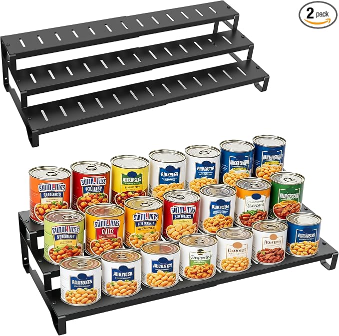 Expandable Can Organizer for Pantry,3-Tier Adjustable Metal Can Rack 2 Pack | Tiered Countertop Shelf, Adjustable height Pantry Organizer for Kitchen Cabinet, Countertop & Canned Goods Storage