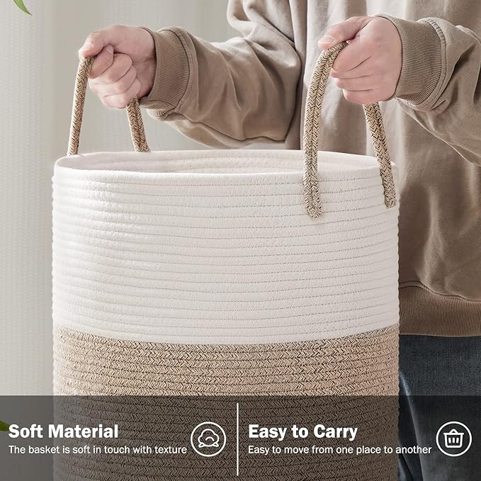 YOUDENOVA Cotton Rope Laundry Hamper Basket, 72L Blanket Basket for Bedroom | Large Woven Laundry Hamper with Sturdy Handles, Collapsible Home Decor Laundry Basket for Laundry, Clothes, Toys in Bedroom