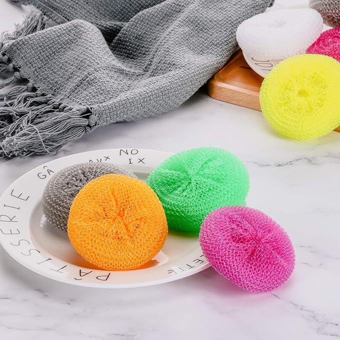 Blulu 15 Pieces Plastic Dish Scrubbers for Dishes Pot Round Nylon Pad, Mesh Scouring Non Scratch Pads (Rainbow Colors)