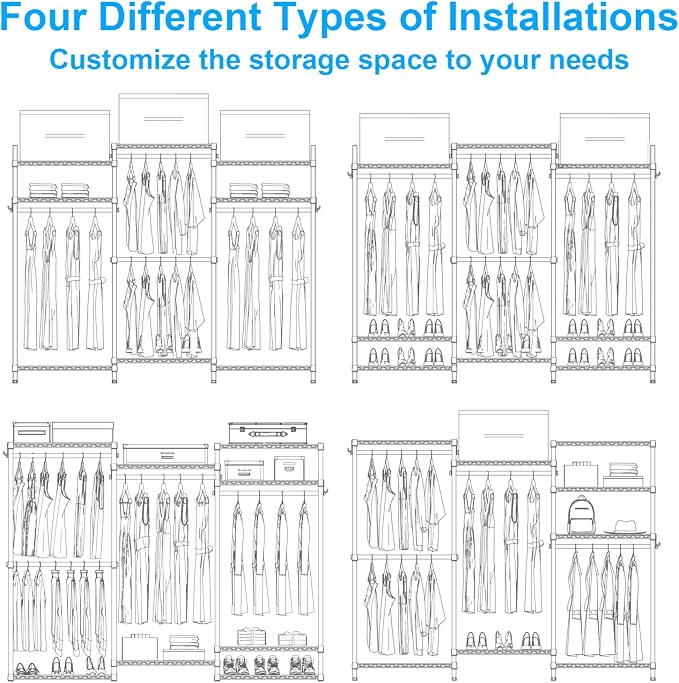 Ulif E13 Max Heavy Duty Clothes Rack（With 4 Hanger Rods & 8 Shelves） Freestanding Clothing Racks for Hanging Clothes，Adjustable Closet，Metal Garment Rack 86" W x16 D x77 H，Max Load 1100LBS，Black