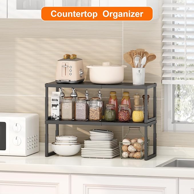 Shelf Organizer Riser For Cabinet Pantry Kitchen Countertop Cupbaord Closet | Expandable Width, Adjustable Height, Stackable As 2-Tier Shelf Rack, Snap-Button: Easily Adjust Height, Heavy Duty Metal