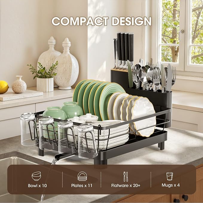 Runnatal Dish Drying Rack, Stainless Steel Dish Rack with Drainboard for Kitchen Counter and Sink, Large Capacity Dish Drainer, Detachable 2-in-1 Utensil Holder, Cup Holder, Black