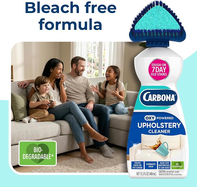 Carbona Oxy Powered Upholstery Cleaner with Brush & Sponge (13.5 Fl Oz), Stain Remover for Couches, Car Seats & Mattresses. Fast Formula, No Residue