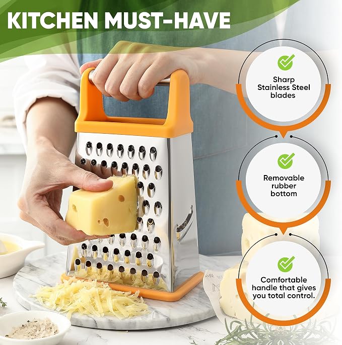 Spring Chef Handheld Stainless Steel XL Parmesan Cheese Grater with Handle - 4 Sided Manual Box Grater for Kitchen - Dishwasher Safe Cheese Shredder for Carrot, Potato, Vegetables, Hash Brown - Mango