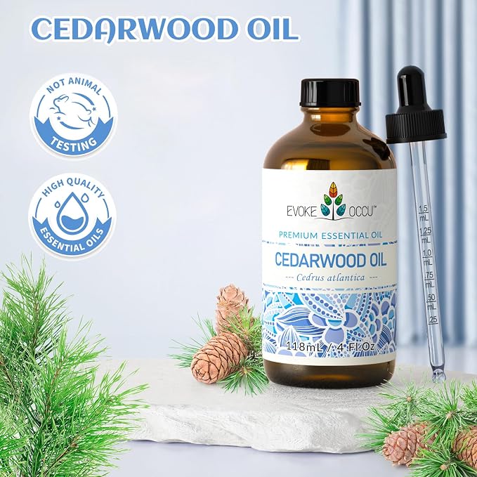 EVOKE OCCU Cedarwood Essential Oil for Diffuser, Aromatherapy & Skin Care | Nourishes Hair, Adds to Conditioner, Spray, DIY Blends, Skin Care, Home Atmosphere, Outdoor Protection - 118mL / 4 fl.oz