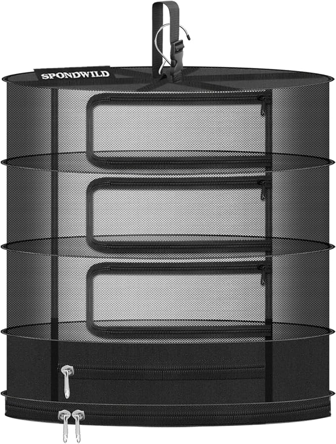 Herb Drying Rack Hanging Mesh, 18" Diameter 4 Layer Plant Drying Rack with Door Type Zipper and Closed Storage Compartment for Folding Basket Dryer Fit in Grow Tents, Garden Outdoor