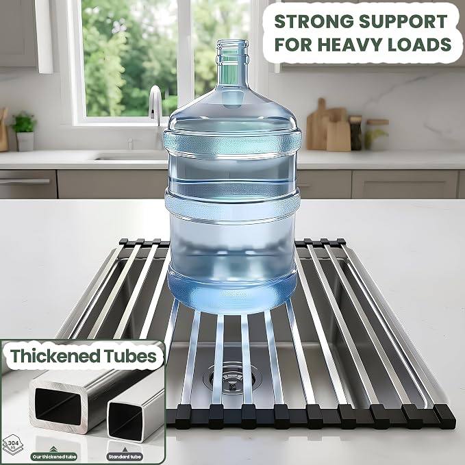 Roll Up Dish Drying Rack Over the Sink 304 Stainless Steel Kitchen Drainer | Durable and Rust Proof, Support Heavy Load, Easy to Clean, Foldable, Space Saving, Anti-Slip, Multipurpose, 17 x 13 Inches