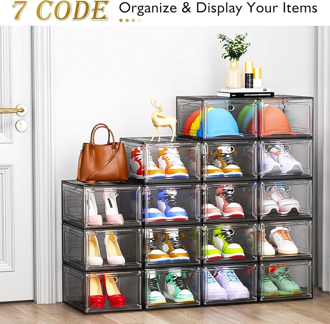 7 code Large Clear Shoe Boxes Organizer【Thicker Material】 Stronger Shoe Box with Magnetic Door, Stackable Shoe Storage Box for Closet, Foldable Space-Saving Storage Bins Shoe Cabinet, Black 9-Pack | Foldable Shoe Storage Boxes for Sneakers & Boots, Spa...