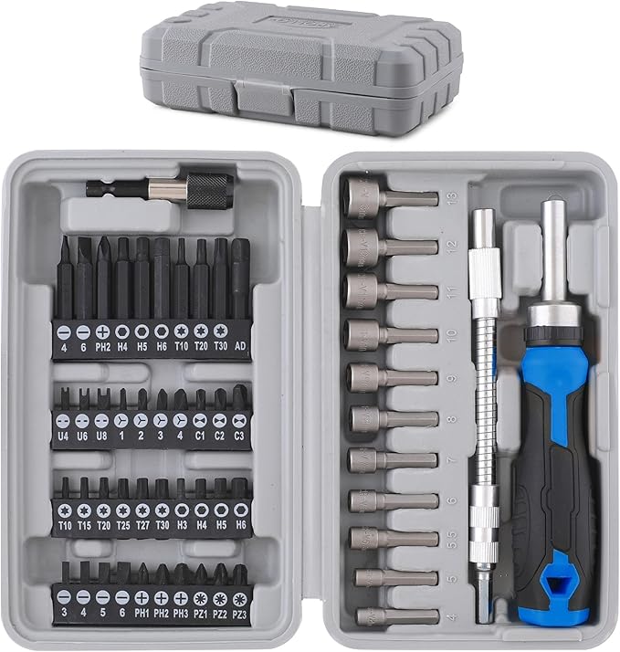 Apollo Tools 54-Piece Screwdriver & Nut Driver Bit Set – Ratcheting Handle, Flexible Extension, Metric Nut Drivers, Specialty Bits for Household, Automotive, & Appliance Repairs, Blue/Gray DT9025