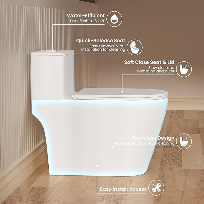 Casta Diva Elongated One Piece Toilet with 17" ADA Comfort Chair Height Seat Compact Toilet for Bathroom Dual Flush 1.1/1.6GPF, 12'' Rough-in, High Efficiency Flush, Standard White Bowl