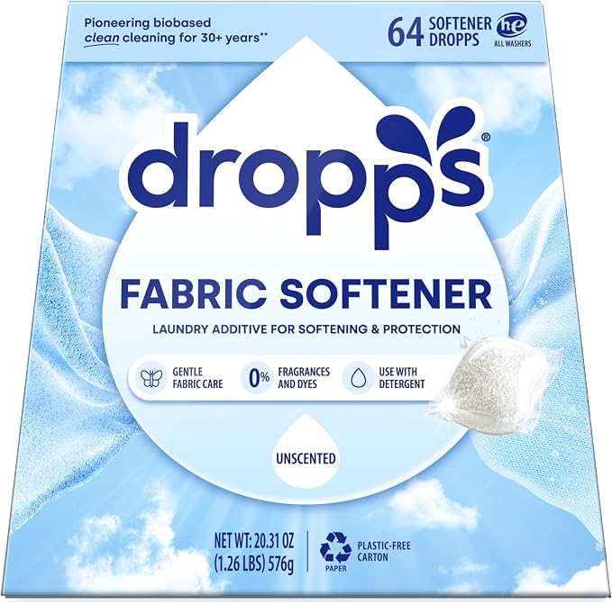 Dropps Fabric Softener Pods, Unscented (64 Count) - Free & Clear | Laundry Softener For Soft & Fluffy Fabrics | Liquid Softener & Dryer Sheet Alternative | Clean Ingredients | Plastic Free Packaging
