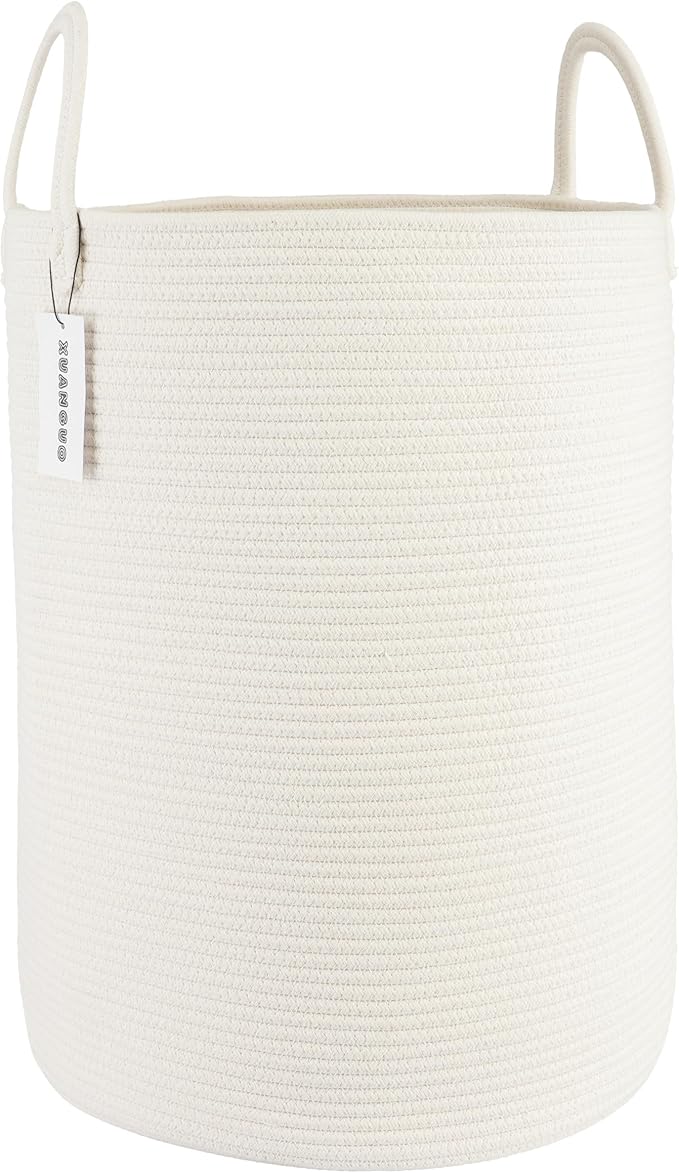 XUANGUO White Cotton Rope Laundry Basket Hamper for Clothes Large | Baby Nursery Hamper Bin and Woven Storage Basket for Living Room Bedroom Boho Tall Rope Baskets Blankets Toys Pillow Towels