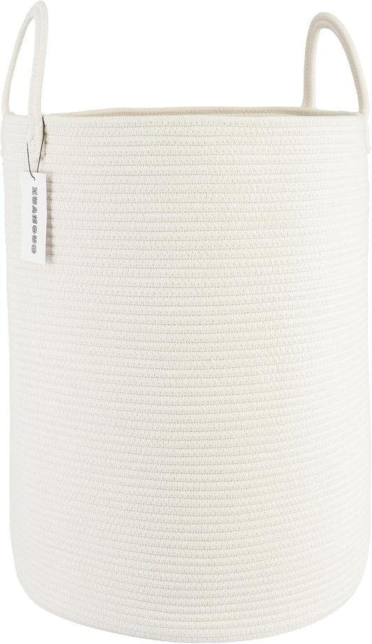 XUANGUO White Cotton Rope Laundry Basket Hamper for Clothes Large | Baby Nursery Hamper Bin and Woven Storage Basket for Living Room Bedroom Boho Tall Rope Baskets Blankets Toys Pillow Towels