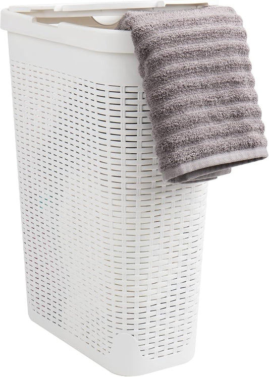 Mind Reader Slim Laundry Hamper with Lid, 40L Clothes Basket, Narrow Tapered Design with Ventilated Cutout Pattern, Plastic, White